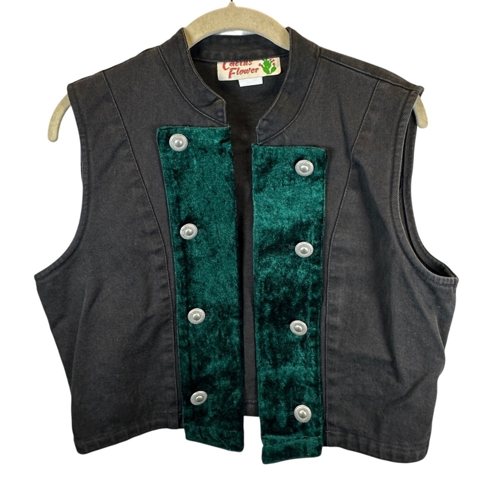Cactus Flower Womens Small Black Denim Vest Green Velvet Trim Silver Buttons USA